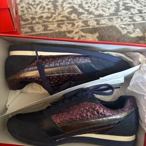 Coach Navy Purple with metallic silver stripe. Suede&Leather texture Coach “C’s”